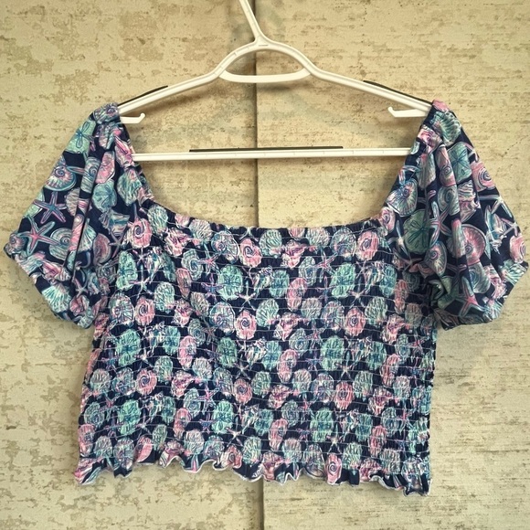 Simply Southern Crop Smocked Puff Sleeve Shirred Top Sz XXL Sea Shells Beach - Picture 9 of 14